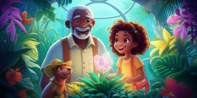 Uma ilustração colorida da História Infantil sobre pai: O Segredo da Orquídea Luminosa na Cúpula Esmeralda, mostrando um pai e sua filha observando uma orquídea brilhante em uma cúpula futurista, com uma capivara ao lado.