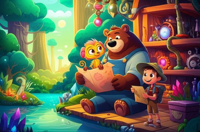 História Infantil sobre Tito, o urso inventor, Lila, a mico-leão-dourado, e Davi, o menino, colaborando para salvar o Rio Cintilante com uma invenção e um cristal solar, em uma vibrante ilustração no estilo animação.