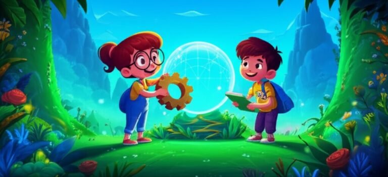 Uma ilustração da História Infantil O Segredo da Esfera Cintilante no Vale do Eco, mostrando os personagens Flora e Caio em um vale vibrante com a Esfera Cintilante ao fundo.