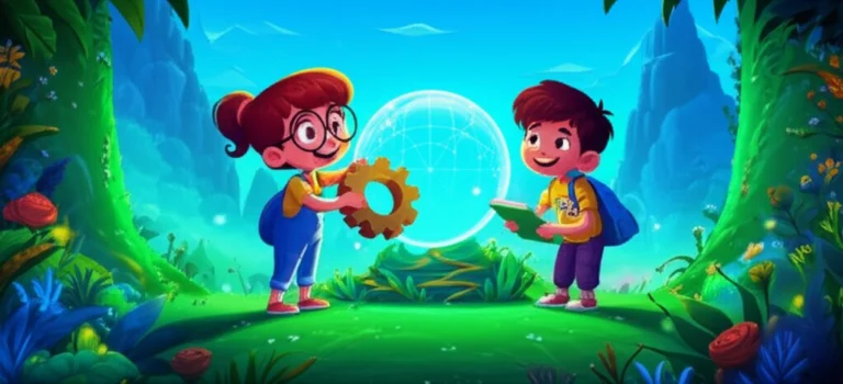 Uma ilustração da História Infantil O Segredo da Esfera Cintilante no Vale do Eco, mostrando os personagens Flora e Caio em um vale vibrante com a Esfera Cintilante ao fundo.