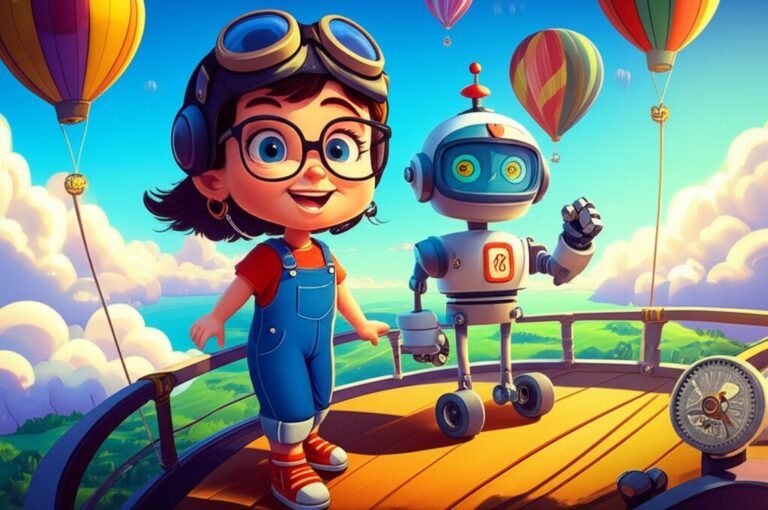 Imagem da História Infantil A Jornada de Olívia na Escola Flutuante das Nuvens, mostrando Olívia e Robô Tico em sua escola voadora, simbolizando o aprendizado e a aventura de volta às aulas.