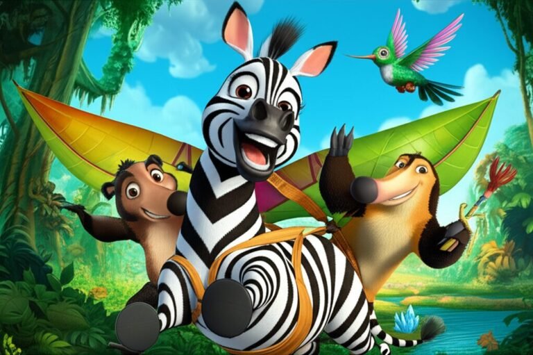 História Infantil: Zuleica, a Listrada que Sonhava em Voar. Uma zebra feliz voando com um planador feito de folhas, acompanhada de um tamanduá e uma beija-flor em uma floresta tropical.