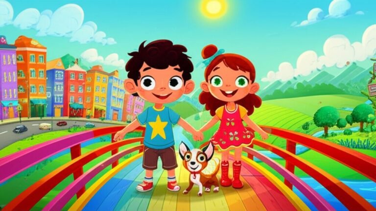 História Infantil sobre a união da zona rural e urbana, com os personagens Léo, Flora e a cachorrinha Pipoca em uma ponte que conecta o campo e a cidade.